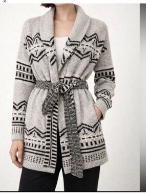 RACHEL Rachel Roy Light Gray & Black Geometric Open-Front Cardigan